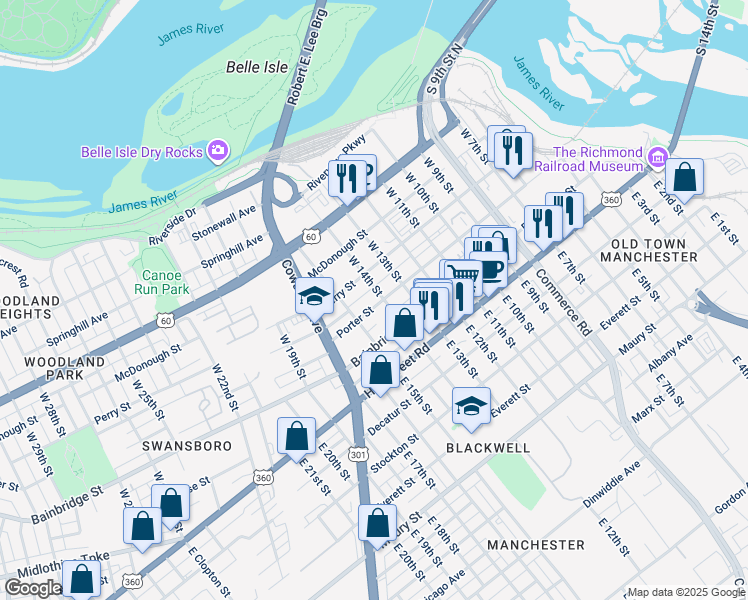 map of restaurants, bars, coffee shops, grocery stores, and more near 1420 Porter Street in Richmond
