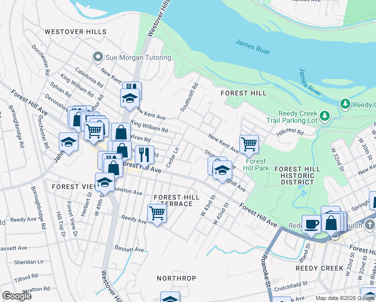 map of restaurants, bars, coffee shops, grocery stores, and more near 1500 West 45th Street in Richmond