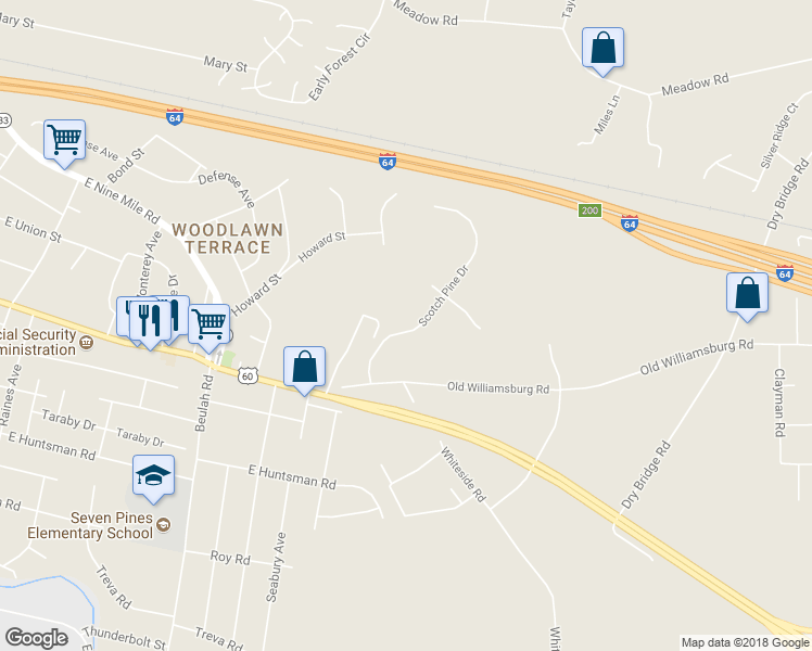 map of restaurants, bars, coffee shops, grocery stores, and more near 129 Scotch Pine Drive in Sandston