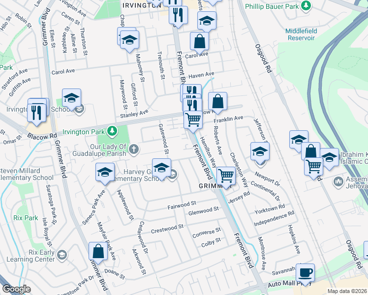 map of restaurants, bars, coffee shops, grocery stores, and more near 4070 Drew Terrace in Fremont