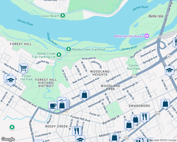 map of restaurants, bars, coffee shops, grocery stores, and more near 801 West 29th Street in Richmond