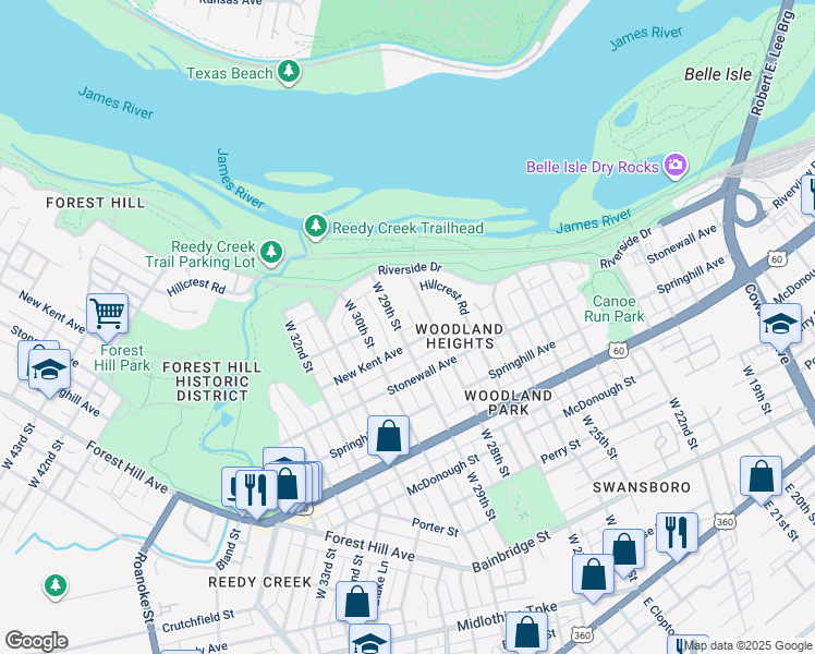 map of restaurants, bars, coffee shops, grocery stores, and more near 801 West 29th Street in Richmond