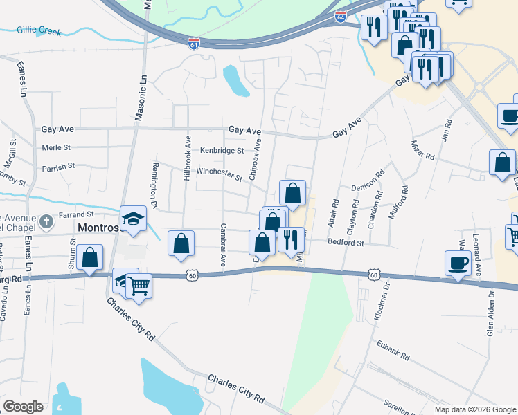 map of restaurants, bars, coffee shops, grocery stores, and more near 3219 Danville Street in Richmond
