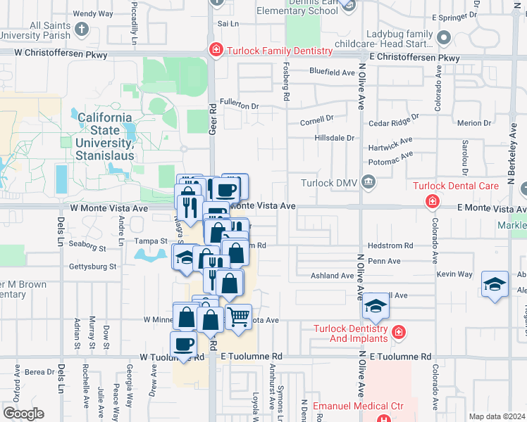 map of restaurants, bars, coffee shops, grocery stores, and more near 218 East Monte Vista Avenue in Turlock