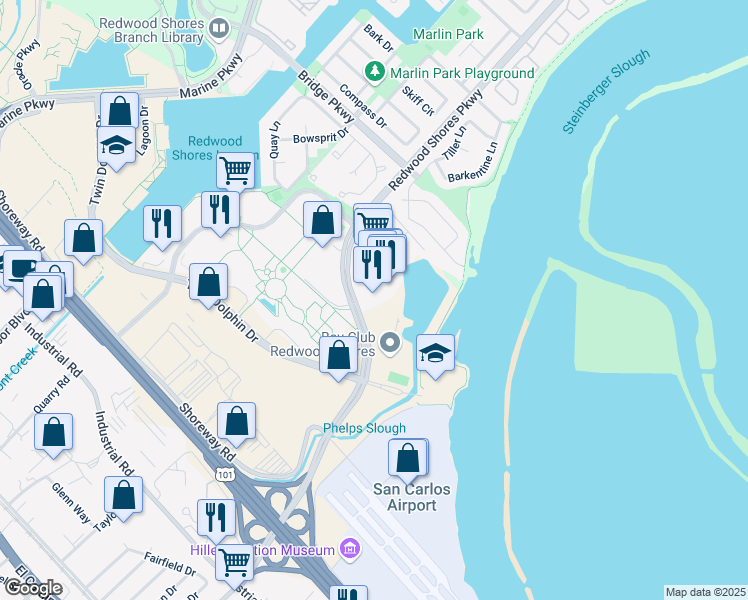 map of restaurants, bars, coffee shops, grocery stores, and more near 224 Redwood Shores Parkway in Redwood City