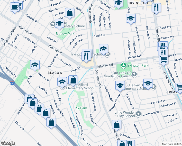 map of restaurants, bars, coffee shops, grocery stores, and more near 41777 Grimmer Boulevard in Fremont