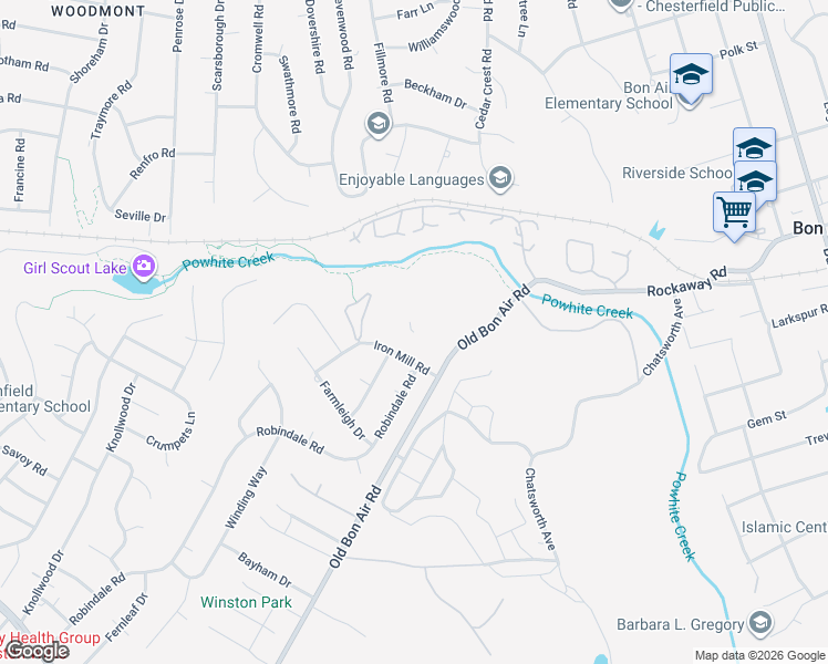 map of restaurants, bars, coffee shops, grocery stores, and more near 2024 Timbers Hill Road in Bon Air