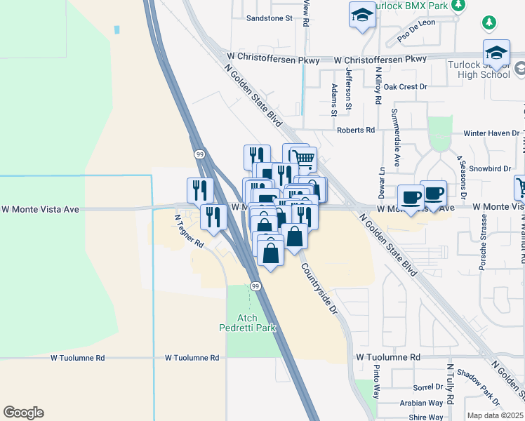 map of restaurants, bars, coffee shops, grocery stores, and more near 3202 W Monte Vista Ave, Turlock, CA 95380, USA West Monte Vista Avenue in Turlock
