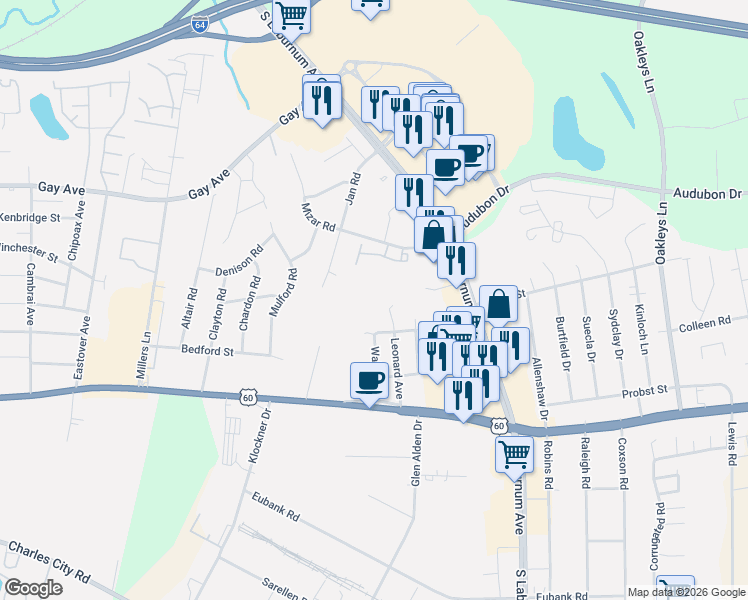 map of restaurants, bars, coffee shops, grocery stores, and more near 4800 Wall Avenue in Richmond