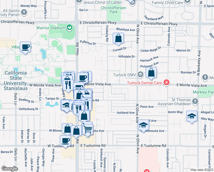 map of restaurants, bars, coffee shops, grocery stores, and more near 380 East Monte Vista Avenue in Turlock