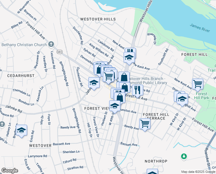 map of restaurants, bars, coffee shops, grocery stores, and more near 5016 Boscobel Avenue in Richmond
