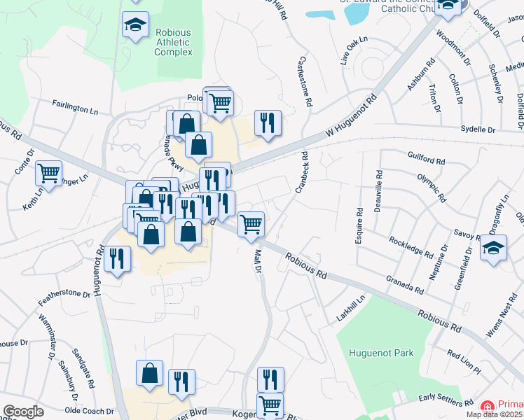 map of restaurants, bars, coffee shops, grocery stores, and more near 12104 Fontana Run in Bon Air