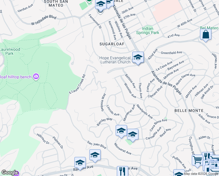 map of restaurants, bars, coffee shops, grocery stores, and more near 2728 Sequoia Way in Belmont