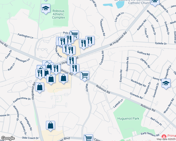 map of restaurants, bars, coffee shops, grocery stores, and more near 12104 Fontana Run in Bon Air