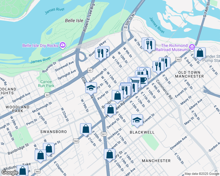 map of restaurants, bars, coffee shops, grocery stores, and more near 1401 Porter Street in Richmond