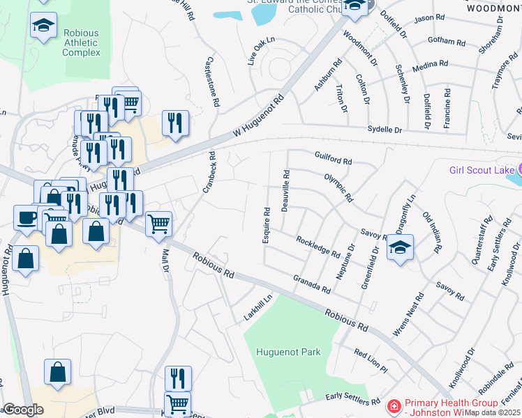 map of restaurants, bars, coffee shops, grocery stores, and more near 2024 Esquire Road in Richmond