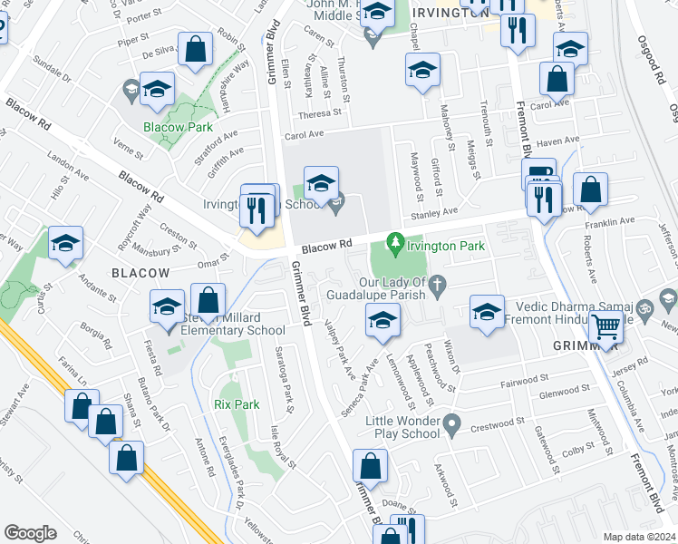 map of restaurants, bars, coffee shops, grocery stores, and more near 4518 Longview Terrace in Fremont