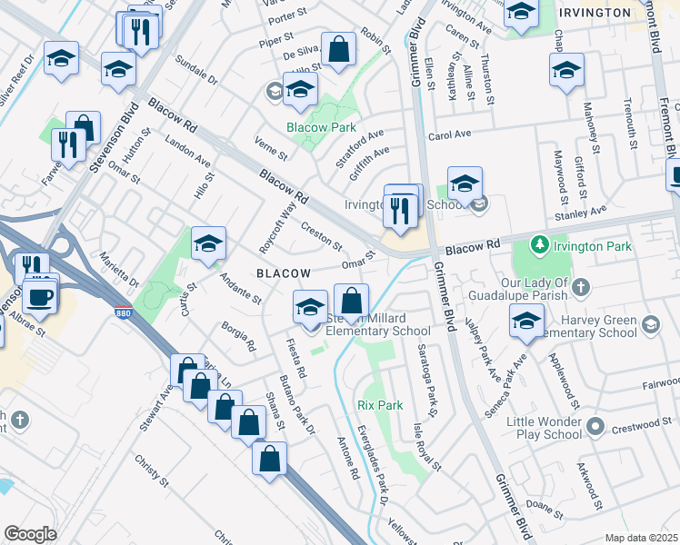 map of restaurants, bars, coffee shops, grocery stores, and more near 4904 Omar Street in Fremont