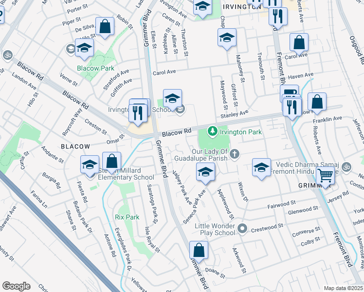 map of restaurants, bars, coffee shops, grocery stores, and more near 4518 Longview Terrace in Fremont