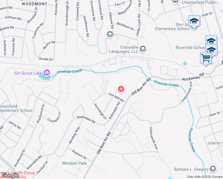 map of restaurants, bars, coffee shops, grocery stores, and more near 10182 Iron Mill Road in Richmond