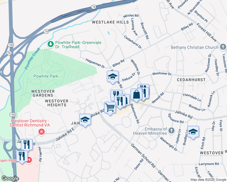 map of restaurants, bars, coffee shops, grocery stores, and more near 6300 Jahnke Road in Richmond
