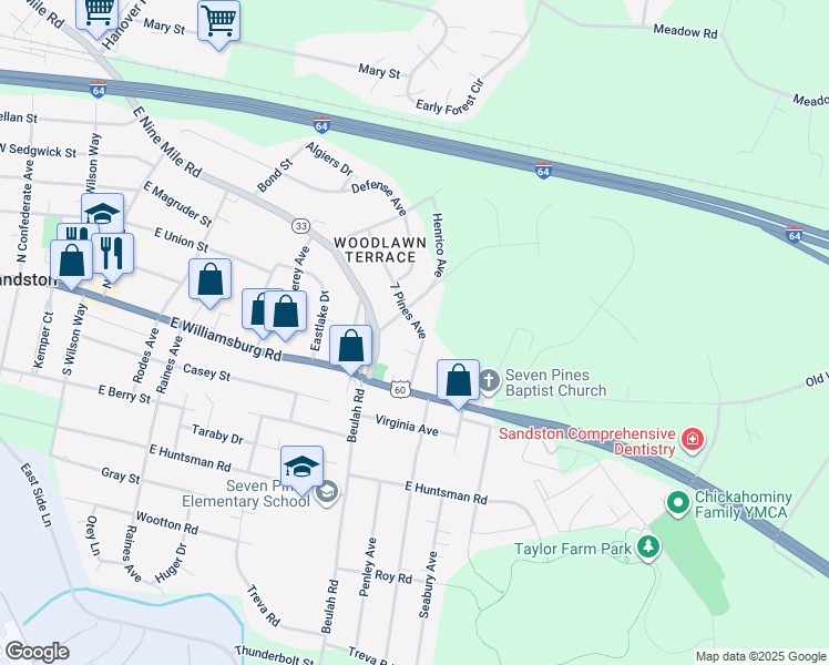 map of restaurants, bars, coffee shops, grocery stores, and more near 135 7 Pines Avenue in Sandston