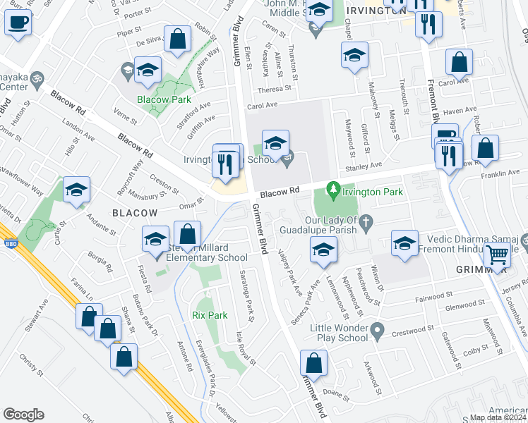 map of restaurants, bars, coffee shops, grocery stores, and more near 4645 Fanwood Terrace in Fremont