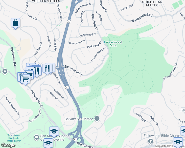 map of restaurants, bars, coffee shops, grocery stores, and more near 1605 De Anza Boulevard in San Mateo