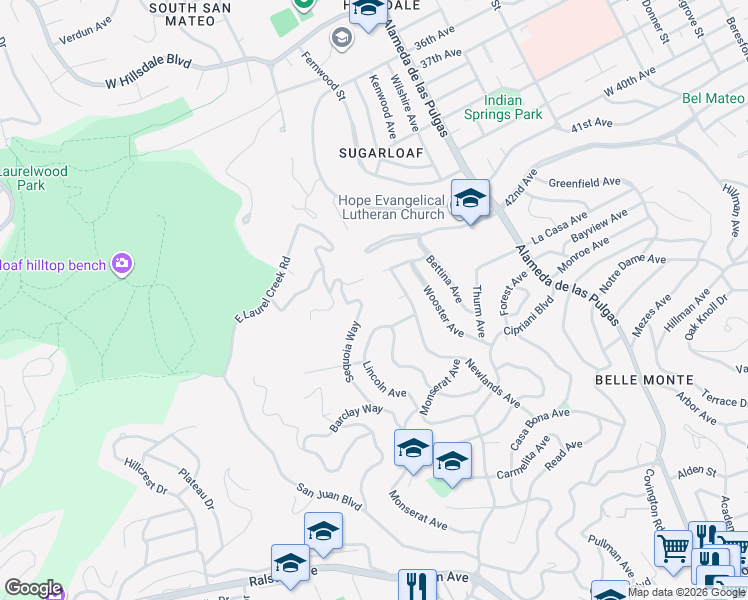 map of restaurants, bars, coffee shops, grocery stores, and more near 2728 Sequoia Way in Belmont