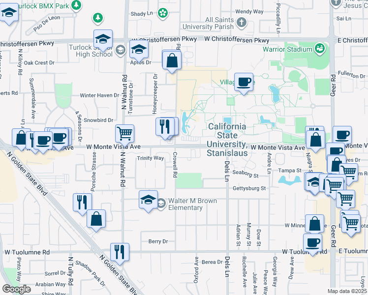 map of restaurants, bars, coffee shops, grocery stores, and more near 1201 West Monte Vista Avenue in Turlock