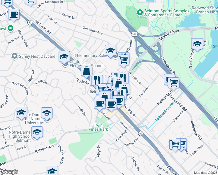 map of restaurants, bars, coffee shops, grocery stores, and more near 640 Masonic Way in Belmont