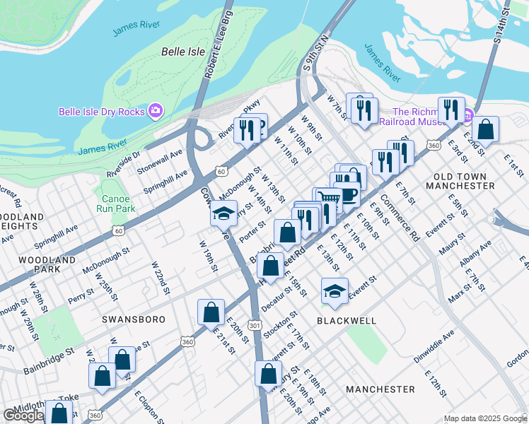 map of restaurants, bars, coffee shops, grocery stores, and more near 1320 Perry Street in Richmond