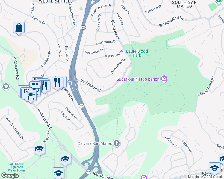 map of restaurants, bars, coffee shops, grocery stores, and more near 1605 De Anza Boulevard in San Mateo