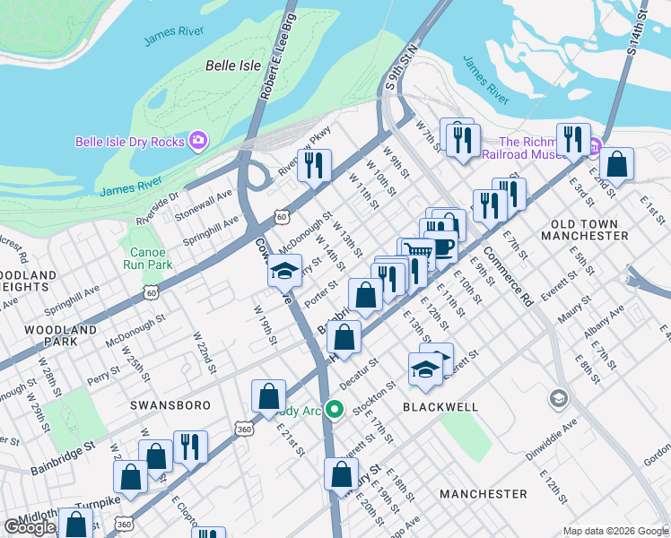 map of restaurants, bars, coffee shops, grocery stores, and more near 1320 Perry Street in Richmond