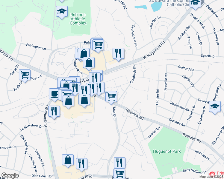 map of restaurants, bars, coffee shops, grocery stores, and more near 12031 Bellaverde Circle in Richmond