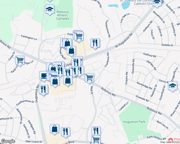 map of restaurants, bars, coffee shops, grocery stores, and more near 12017 Bellaverde Circle in Richmond