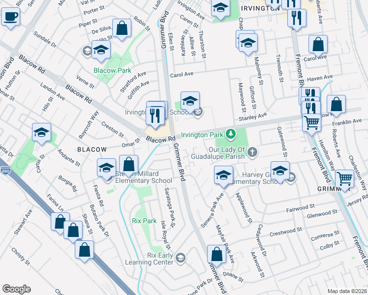 map of restaurants, bars, coffee shops, grocery stores, and more near 41700 Grimmer Boulevard in Fremont
