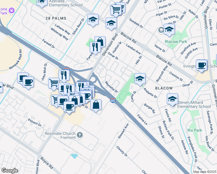 map of restaurants, bars, coffee shops, grocery stores, and more near 5618 Statice Common in Fremont