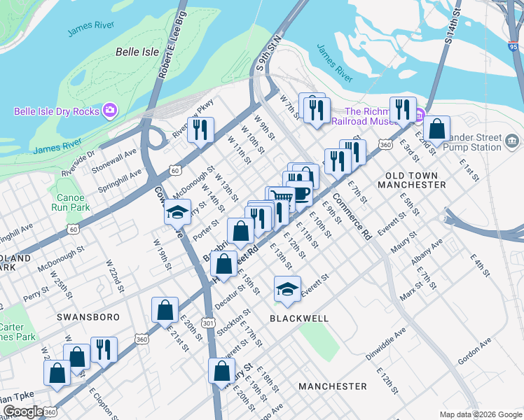 map of restaurants, bars, coffee shops, grocery stores, and more near 115 West 12th Street in Richmond