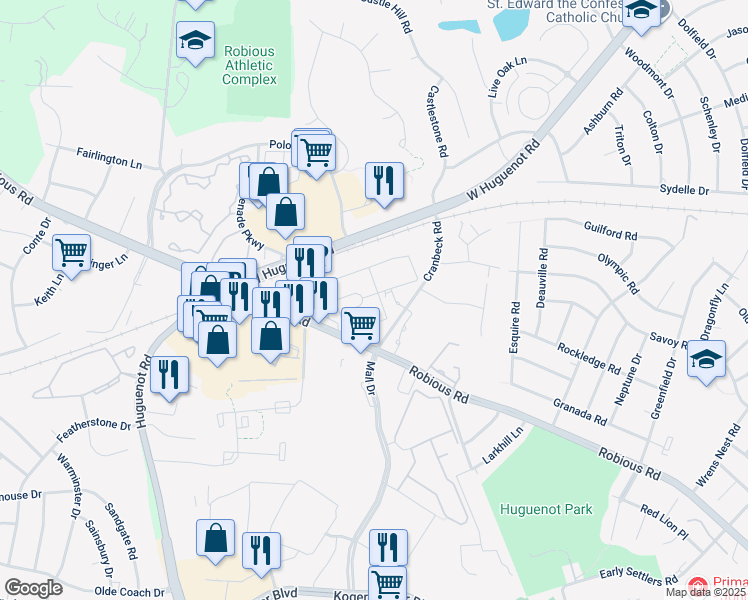 map of restaurants, bars, coffee shops, grocery stores, and more near 12213 Fontana Run in Bon Air