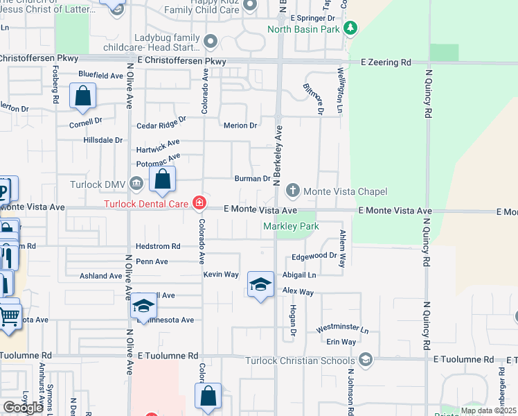 map of restaurants, bars, coffee shops, grocery stores, and more near East Monte Vista Avenue in Turlock