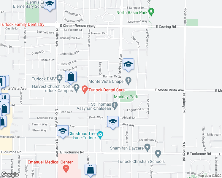 map of restaurants, bars, coffee shops, grocery stores, and more near 1477 East Monte Vista Avenue in Turlock