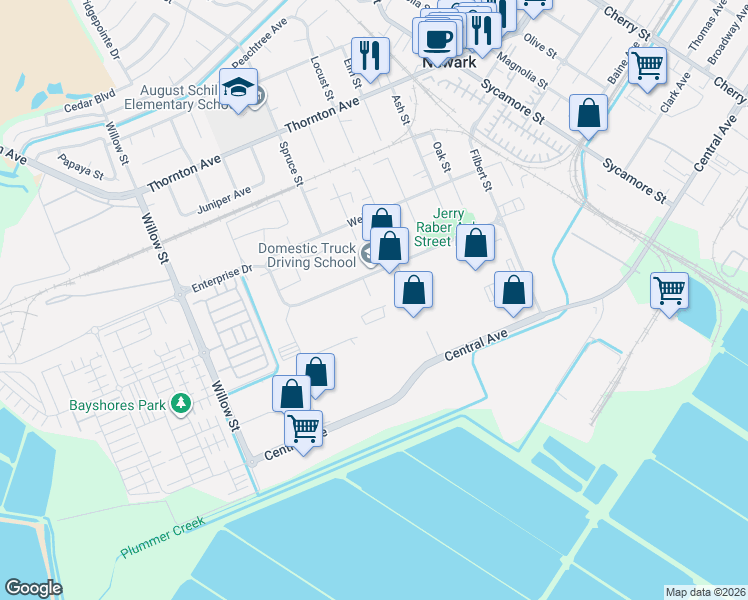 map of restaurants, bars, coffee shops, grocery stores, and more near 7860 Enterprise Drive in Newark
