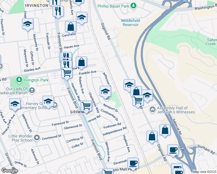 map of restaurants, bars, coffee shops, grocery stores, and more near 42786 Philadelphia Place in Fremont