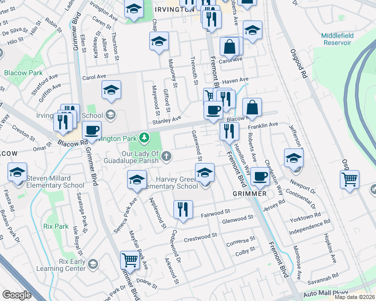 map of restaurants, bars, coffee shops, grocery stores, and more near 42220 Woodcrest Court in Fremont