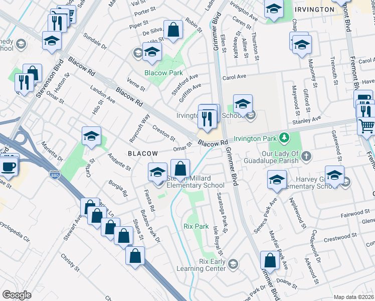 map of restaurants, bars, coffee shops, grocery stores, and more near 4831 Omar Street in Fremont