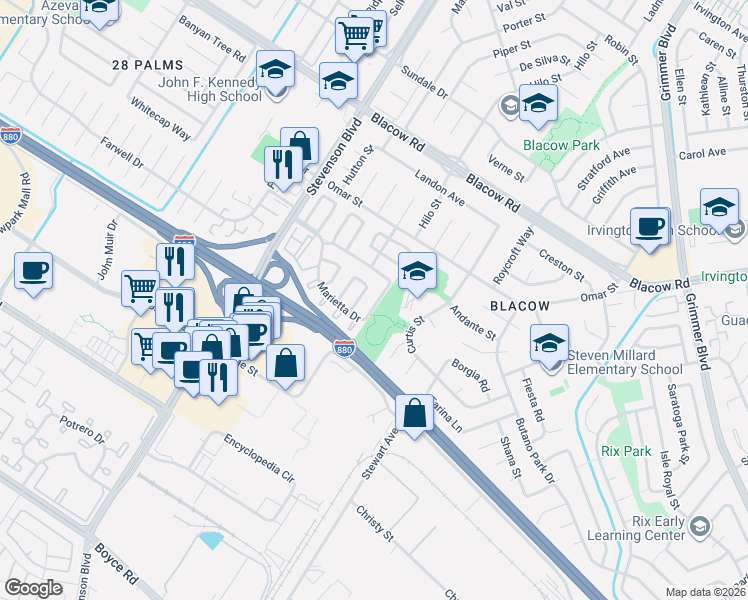 map of restaurants, bars, coffee shops, grocery stores, and more near 5528 Andromeda Circle in Fremont