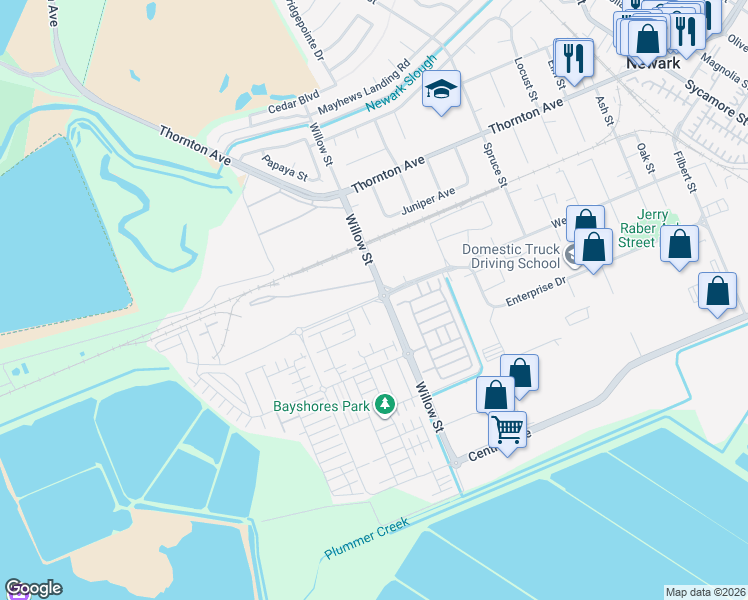 map of restaurants, bars, coffee shops, grocery stores, and more near 33335 Enterprise Drive in Newark