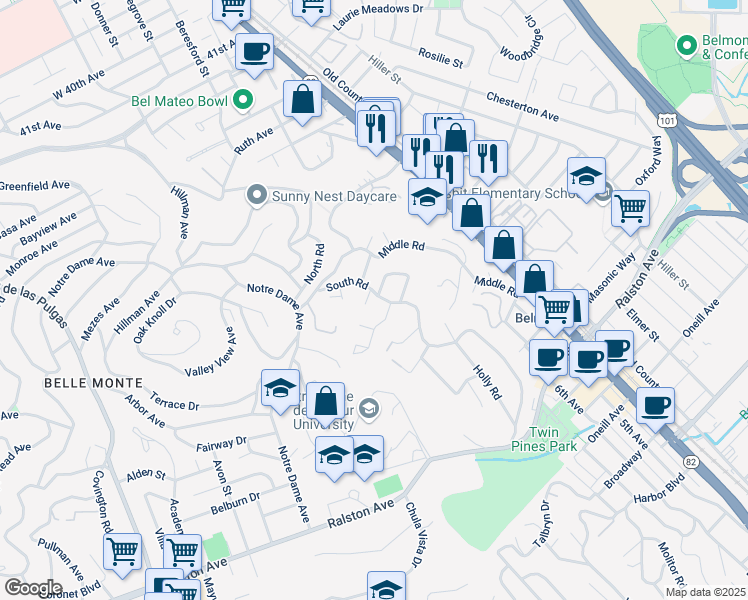 map of restaurants, bars, coffee shops, grocery stores, and more near 500 South Road in Belmont