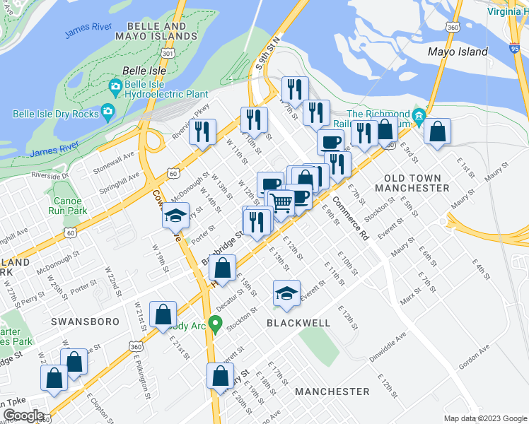 map of restaurants, bars, coffee shops, grocery stores, and more near 115 West 12th Street in Richmond